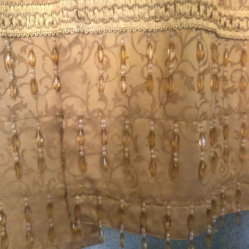 Gold beaded & lace curtains 2 windows 4 panels with 2 valences EUC